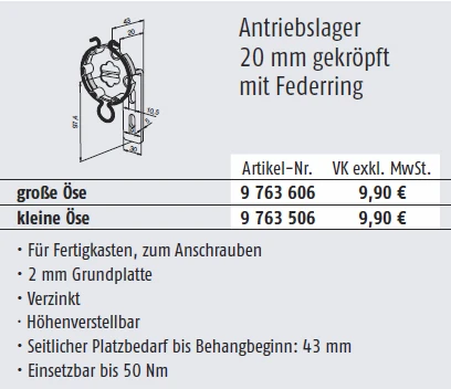 Preview: Somfy Antriebslager 20mm gekröpft mit Federring große Öse für Baureihe 50/60 #9763606