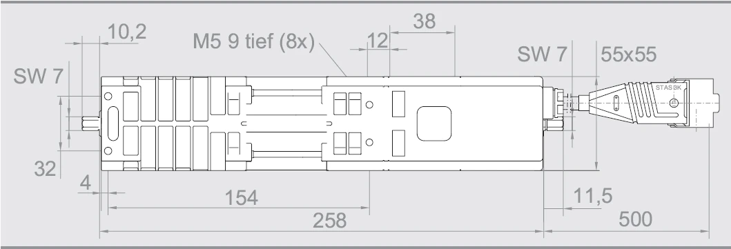 elero JA 09-868 Comfort – Maßzeichnung mit 258mm Motorlänge und 500mm Anschlusskabel
