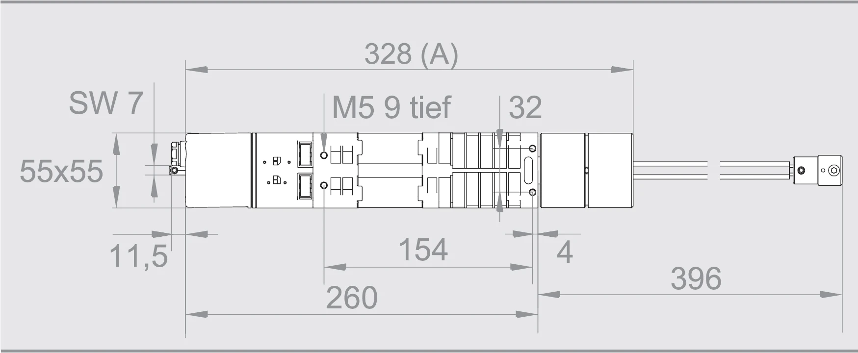 elero JA 09 Soft NHK aus dem Licht, 12mm 4-kant – Maßzeichnung mit Länge A 328mm