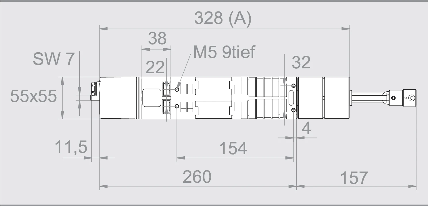 elero JA 09 Soft NHK im Licht, 12mm 4-kant – Maßzeichnung mit Länge A 328mm