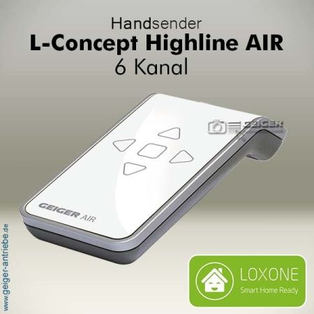 L-Concept Highline AIR 6-Kanal Handsender für Geiger AIR Sonnenschutzanlagen. Mit LED-Rückmeldung, Sonnenautomatik, SoftTouch-Oberfläche und Loxone-Kompatibilität.