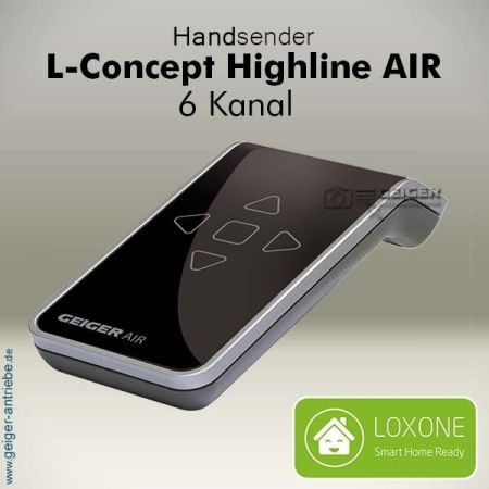 L-Concept Highline AIR 6-Kanal Handsender für Geiger AIR Sonnenschutzanlagen. Mit LED-Rückmeldung, Sonnenautomatik, SoftTouch-Oberfläche und Loxone-Kompatibilität.