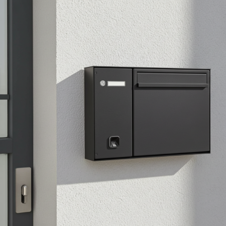 HELLO Aufputz-Briefkasten mit ekey sLine Fingerprint ohne Intercom. Zeitlich limitierte Edition für moderne Zutrittskontrolle per Fingerabdruck und hochwertige Eingangsbereiche