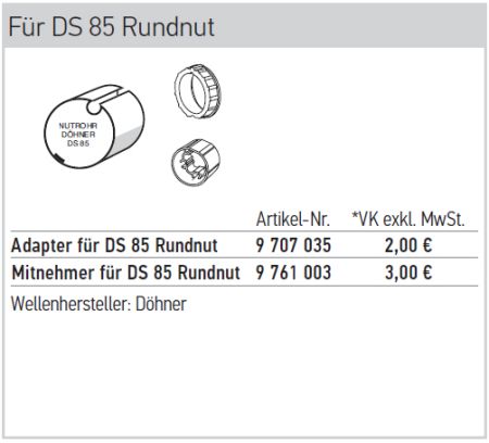 Somfy ➤ Adapter und Mitnehmer für DS 85 Rundnut Baureihe 50 #9707035 #9761003
