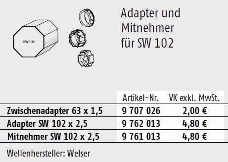 Somfy Adapter und Mitnehmer für Achtkant SW102 Baureihe 50 #9707026 #9761013 #9762013