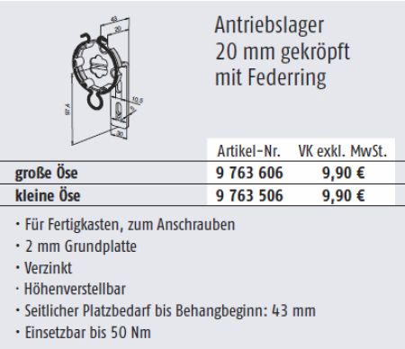 Somfy Antriebslager 20mm gekröpft mit Federring große Öse für Baureihe 50/60 #9763606