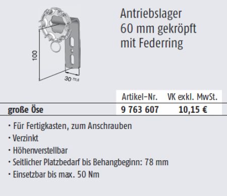 Somfy Antriebslager 60mm gekröpft mit Federring und großer Öse für Baureihe 50/60 #9763607