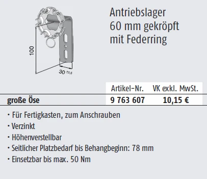 Somfy Antriebslager 60mm gekröpft mit Federring und großer Öse für Baureihe 50/60 #9763607