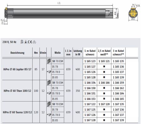 Somfy ➤ HiPro LT 60 Taurus 120/12 ✅ Markisenmotor DS 78 D #1167126 #1167137