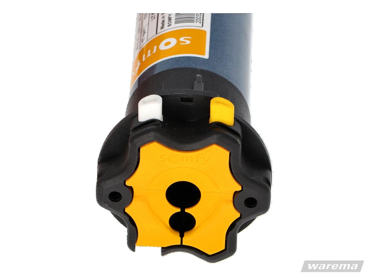 Somfy LT50 – Frontansicht des gelben HiPro-Motorkopfs; Galerie zu WAREMA Markisenmotor Somfy LT 50 Mariner 40/17