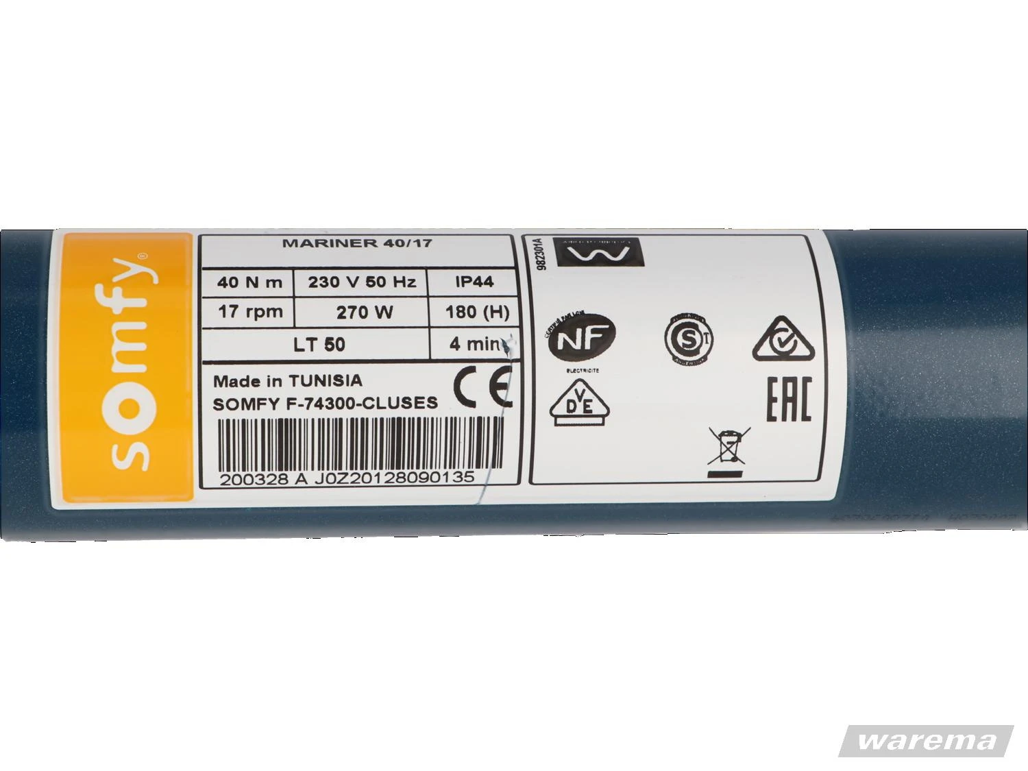 Somfy LT50 Mariner 40/17 – Typenschild mit 40Nm, 17Upm, 230V und 270W; Galerie zu WAREMA Markisenmotor Somfy LT 50 Mariner 40/17