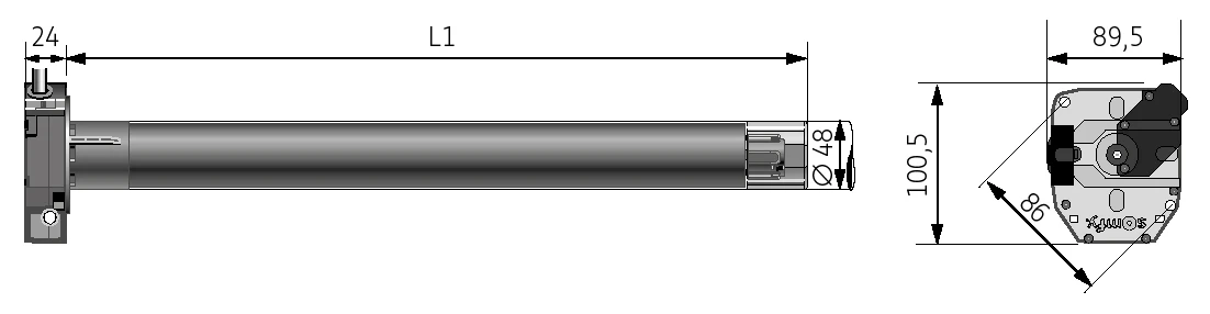 WAREMA 617304, Somfy HiPro LT 50 Mariner 40/17 NHK-Kompakt, Maßzeichnung mit Längenmaß L1 und Stirnansicht des Motorkopfs