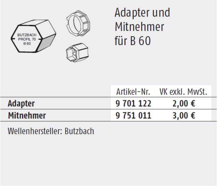 Somfy 9701122/9751011 Adapter und Mitnehmer für Sechskant für B60 Baureihe 50
