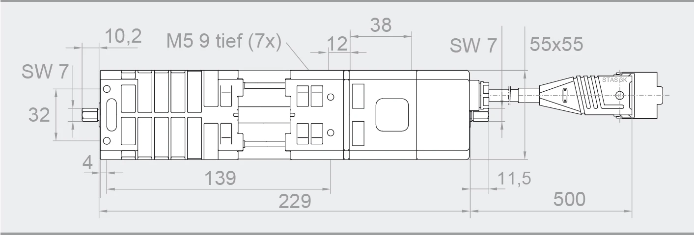 elero JA 06 Soft – Maßzeichnung mit 229mm Länge und 500mm Anschlusskabel