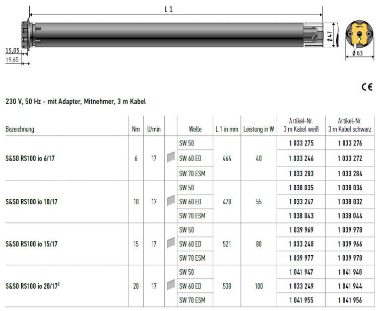 Somfy S&SO-RS100 io 20/17 Rohrmotor SW 50 #1041947 #1041948