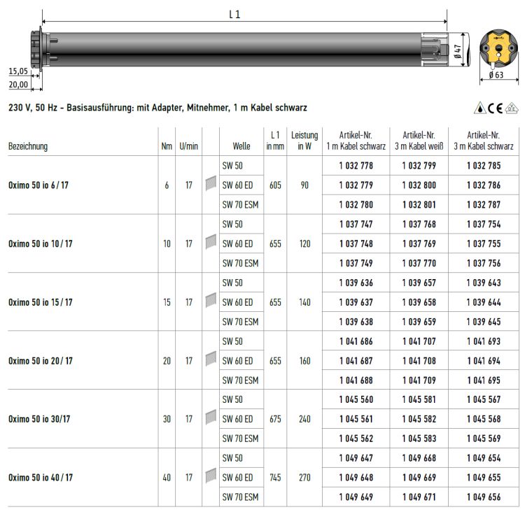 Somfy Oximo 50 io 15/17 Rollladenmotor SW70 ESM #1039638 #1039645 #1039659
