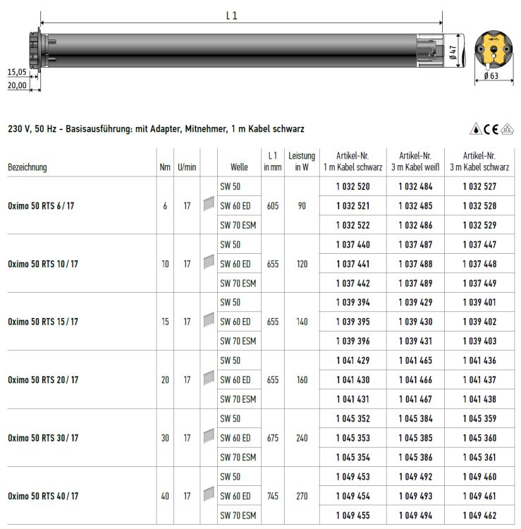 Somfy Oximo 50 RTS 20/17 Rollladenmotor SW50 #1041429 #1041436 #1041465