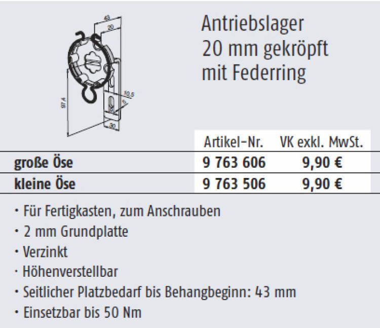 Somfy Antriebslager 20mm gekröpft mit Federring große Öse für Baureihe 50/60 #9763606