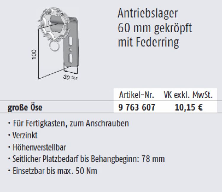 Somfy Antriebslager 60mm gekröpft mit Federring und großer Öse für Baureihe 50/60 #9763607