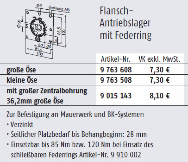 Somfy Flansch-Antriebslager mit Federring und kleiner Öse für Baureihe 50/60 #9763508