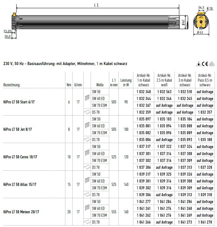 Somfy HiPro LT 50 Atlas 15/17 Markisenmotor DS78 #1039306 #1039313 #1039318