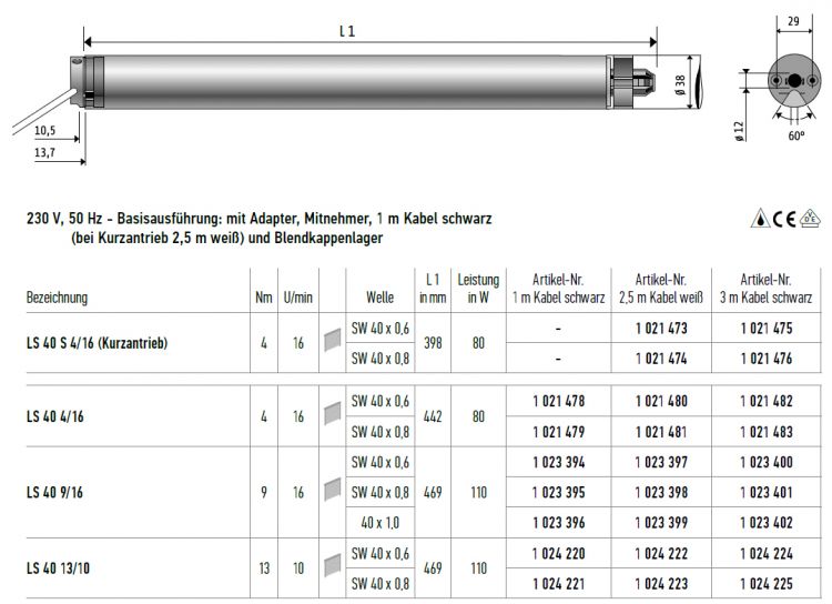 Somfy LS 40 4/16 Rohrmotor SW 40 x 0,6 #1021478 #1021480 #1021482
