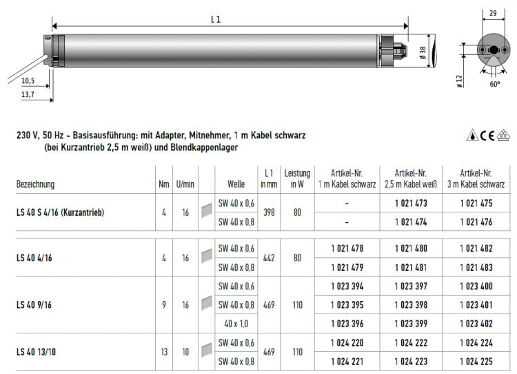 Somfy LS 40 4/16 Motor SW40 x 0,8 #1021479 #1021481 #1021483