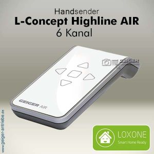L-Concept Highline AIR 6-Kanal Handsender für Geiger AIR Sonnenschutzanlagen. Mit LED-Rückmeldung, Sonnenautomatik, SoftTouch-Oberfläche und Loxone-Kompatibilität.